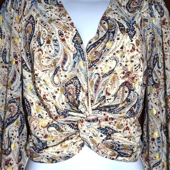 Womens Paisley Long Sleeve Blouse Small Gold V Neck Retro Boho Shimmer Top - Picture 3 of 12